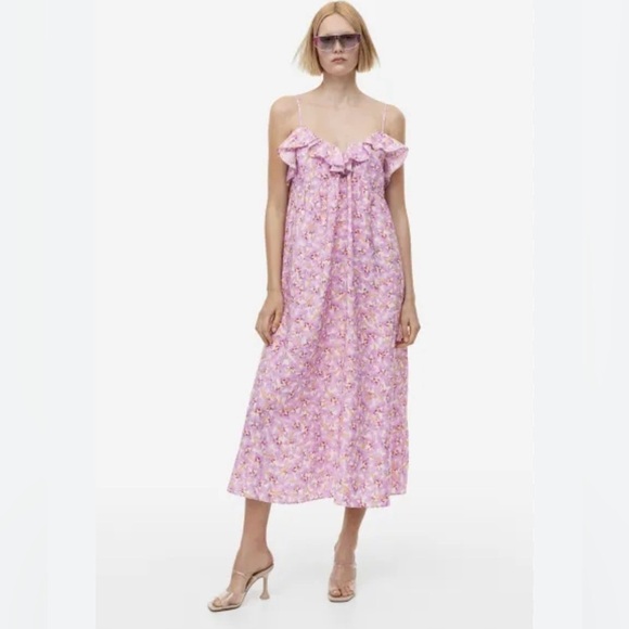 H&M Floral Sleeveless V-Neck Ruffled Dress - Size Large- Calf Length - Picture 2 of 12